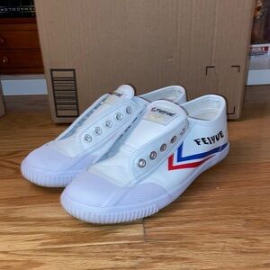 Feiyue White Canvas Sneakers with Red and Blue Stripes